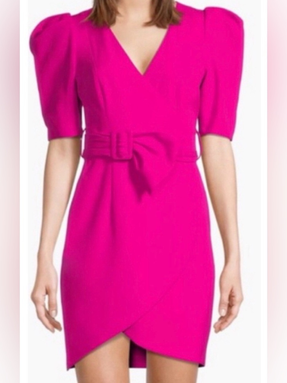Black Halo Hot Pink Midi Wrap Dress with Puff Sleeves